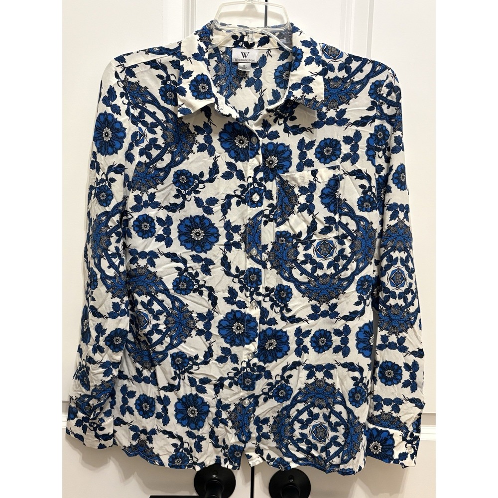 Worthington Silk Women's LS Blouse Sz S Blue White Floral Medallion Button Up